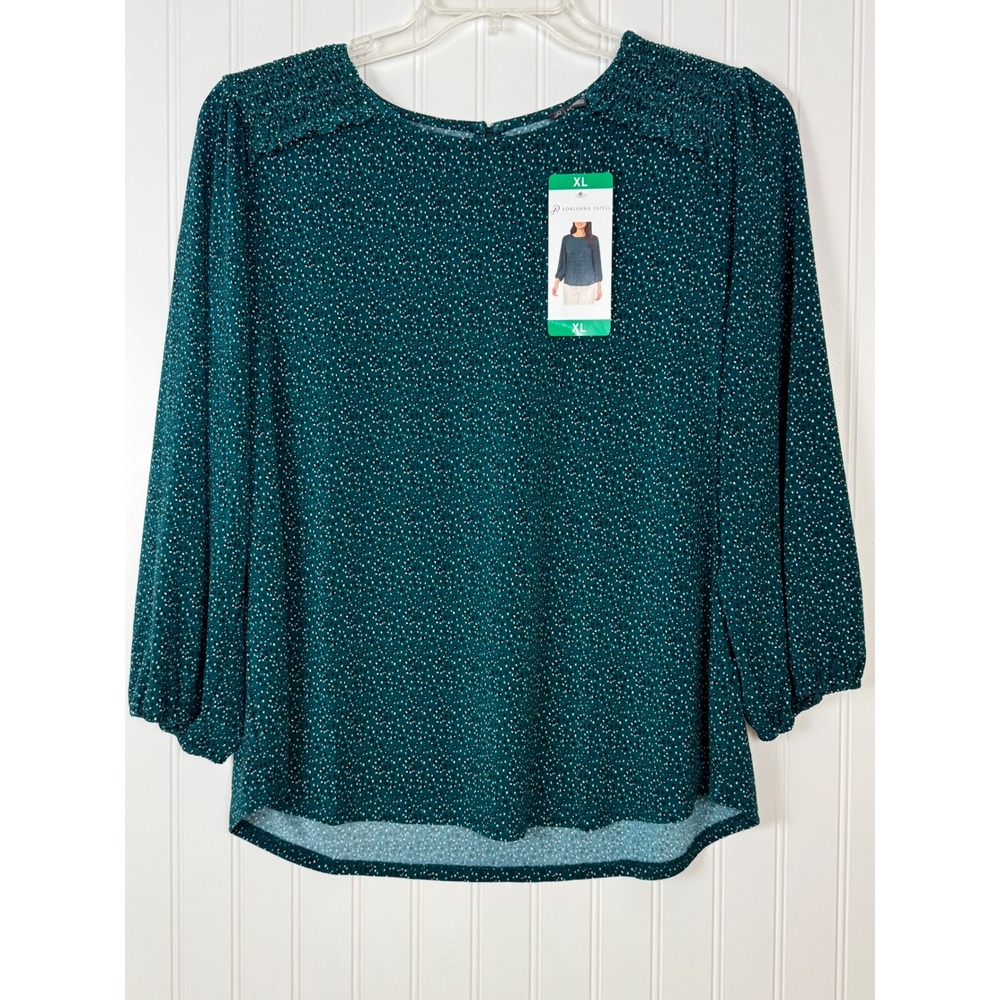 Adrianna Papell Blouse Womens XL Green Smocked Puff Sleeve Dotted Top Classic